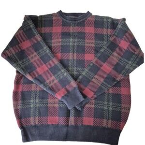 Woods & Gray Sweater Mens XL Navy‎ Red Plaid Tartan Cotton Crewneck 90s Vintage